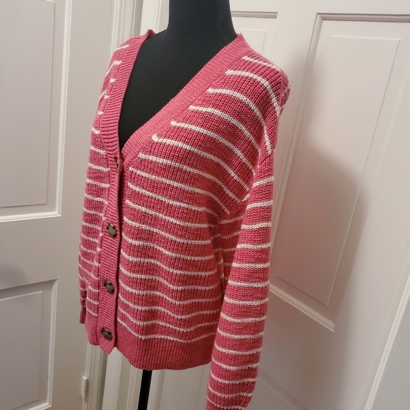 LOFT PINK & White Striped Chunky Knit Cardigan size Medium, Casual, Comfy - Picture 2 of 9
